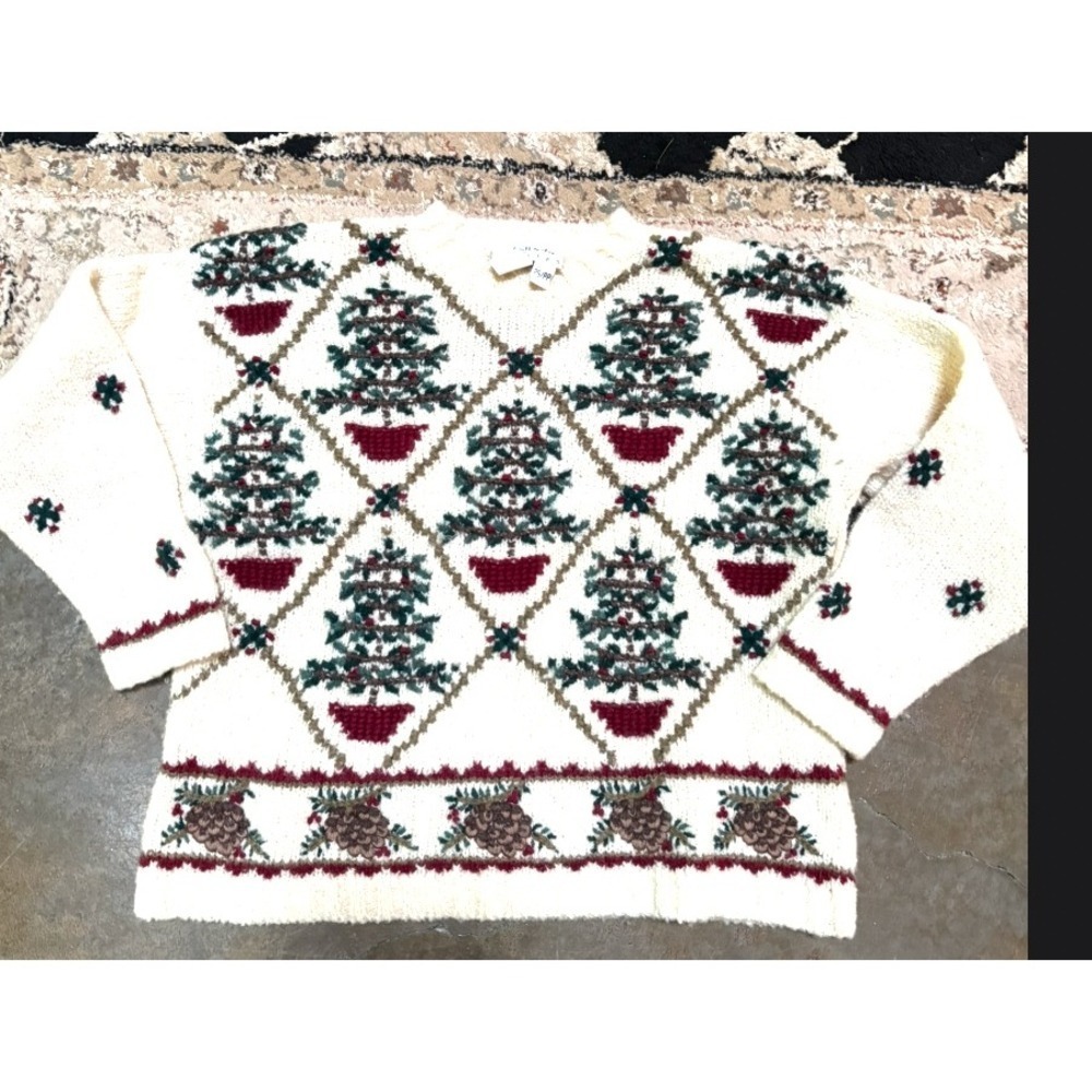 Talbots Petites Christmas Tree Sweater Holiday Knit Cream Wool Blend PS